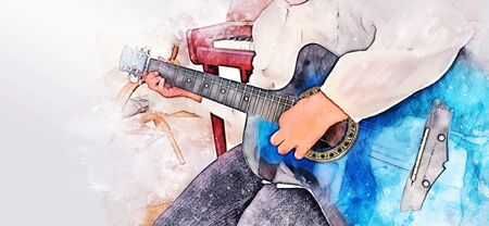 Abstract colorful playing acoustic guitar on watercolor illustraion painting background.の写真素材