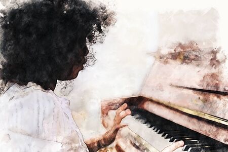 Abstract beautiful hand playing keyboard of the piano foreground Watercolor painting background and Digital illustration brush to art.の写真素材