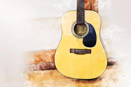 Abstract colorful Guitar in the foreground on Watercolor painting background and Digital...
