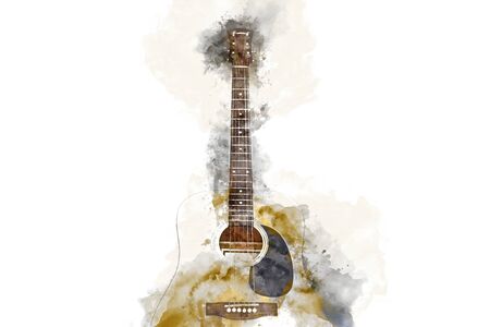 Abstract colorful Guitar in the foreground on Watercolor painting background and Digital illustration brush to art.の写真素材