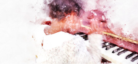 Abstract beautiful hand playing keyboard of the piano foreground Watercolor painting background and Digital illustration brush to art.の写真素材