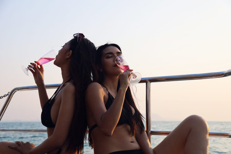 Beautiful Asia two young woman smile portrait traveling and drinking wine on speed boat in summer...
