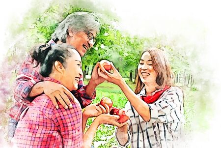 Abstract colorful family asia mother and daughter holding and eating apples fruit on watercolor illustration painting background.の写真素材