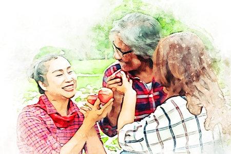 Abstract colorful family asia mother and daughter holding and eating apples fruit on watercolor...