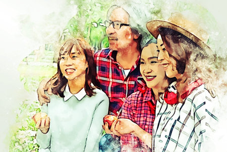 Abstract colorful family asia mother and daughter holding and eating apples fruit on watercolor...