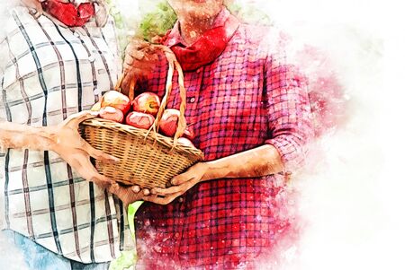 Abstract colorful Asia mother and daughter holding and eating apples fruit on watercolor illustration painting background.の写真素材