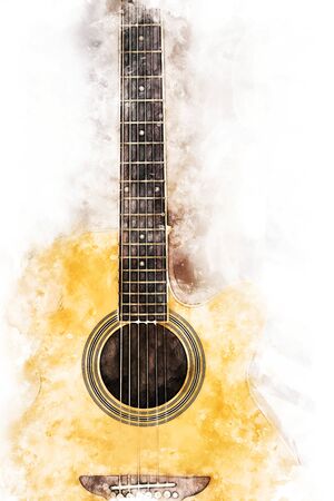 Abstrac close-up acoustic guitar foreground on watercolor illustration painting background.の写真素材