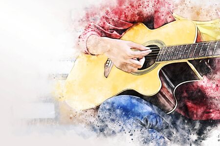 Close up abstract beautiful woman playing acoustic guitar on walking street on watercolor illustration painting background.の写真素材