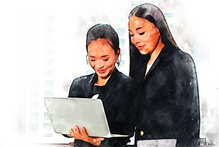 Abstract colorful business Asia woman working and discuss on watercolor illustration painting...