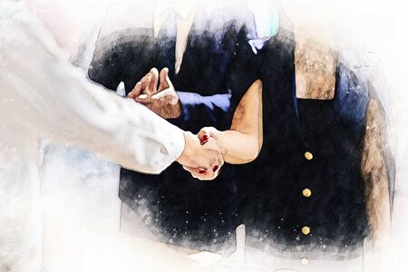 Abstract colorful Join hands business partner concept and handshake agreement concept on watercolor painting background.の写真素材