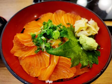 Close-up Salmon food don set for lunch in restaurant.の写真素材