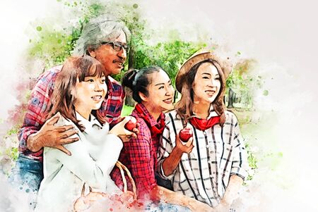 Abstract colorful family asia mother and daughter holding and eating apples fruit on watercolor illustration painting background.の写真素材