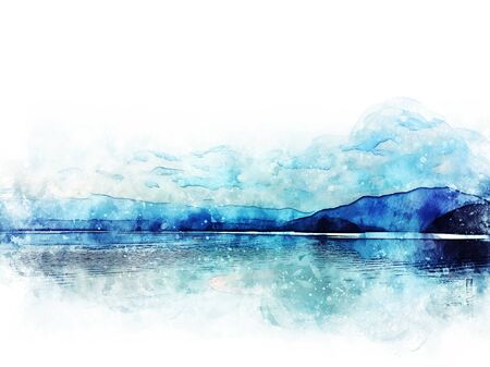 Abstract colorful mountain range and river lake in Tokyo, Japan on watercolor illustration painting background.の写真素材