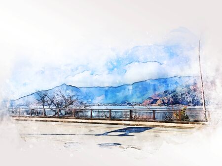 Abstract colorful mountain range and river lake in Tokyo, Japan on watercolor illustration painting background.の写真素材