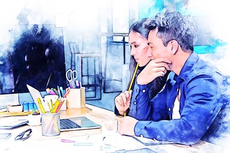Abstract business persons talking and working at desk on watercolor illustration painting background.の写真素材