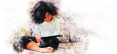 Abstract colorful kid girl reading tablet smart on bedroom on watercolor illustration painting...