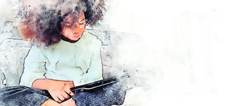 Abstract colorful kid girl reading tablet smart on bedroom on watercolor illustration painting background.の写真素材