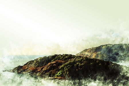 Abstract colorful mountain peak and sea water on watercolor illustration painting background.の写真素材