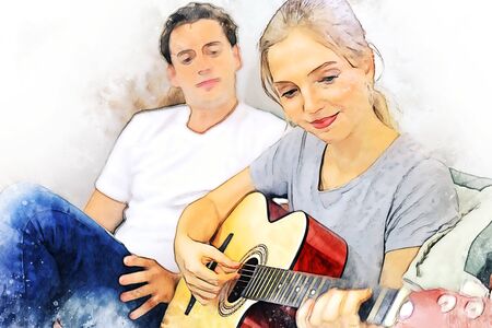 Abstract colorful couple lover playing acoustic guitar on watercolor illustration painting background.の写真素材