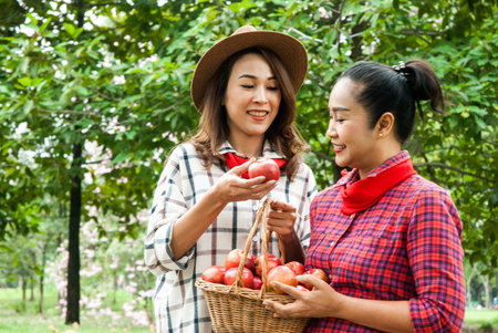 Beautiful family woman smile holding and eating apples at park.