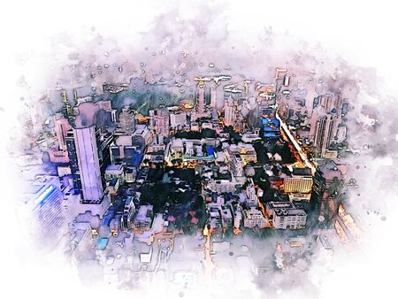 Abstract colorful offices building in the city at night on watercolor illustration painting background.の写真素材