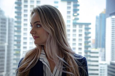 Happiness business woman manager smile portrait working job at desk.の写真素材