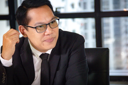 Happiness Asia business man manager working job at desk.