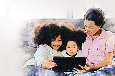 Abstract colorful happiness family kid girl learning and playing on smart phone on  illustration...