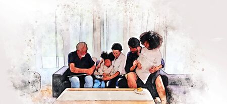 Abstract happiness family have fun and meeting in home on  illustration  background.の写真素材