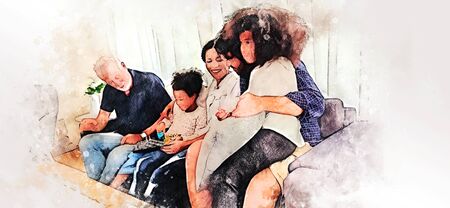 Abstract happiness family have fun and meeting in home on  illustration  background.の写真素材
