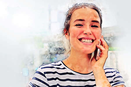 Abstract portrait young secretary woman is checking and smiling on watercolor illustration painting background.の写真素材