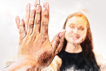 Abstract colorful beautiful woman hand greet friend and traveling in the city on watercolor...