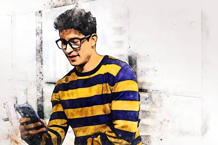 Abstract young business man planning and working at desk on watercolor illustration painting background.の写真素材