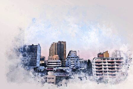 Abstract colorful building in the city at evening on watercolor illustration painting background.の写真素材
