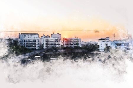 Abstract colorful building in the city at evening on watercolor illustration painting background.の写真素材