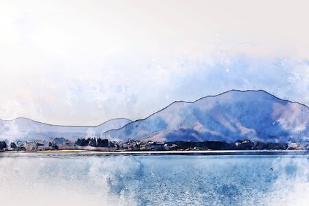 Abstract colorful mountain range and river in Japan on watercolor illustration painting background.の写真素材