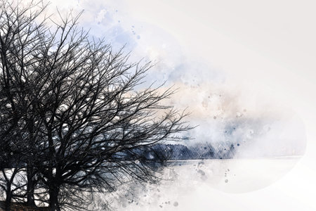 Abstract colorful mountain range and river in Japan on watercolor illustration painting background.の写真素材