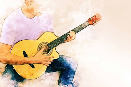 Abstract colorful shape on acoustic guitar in the foreground on watercolor painting background and digital illustration brush to art.の写真素材