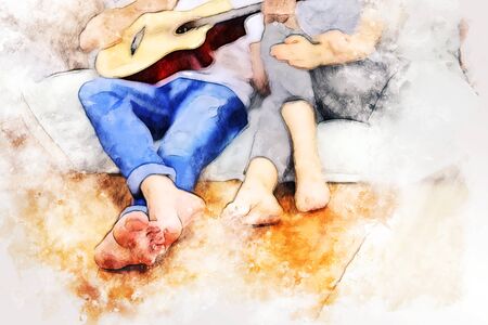 Abstract happiness couple young business working and relaxation at home watercolor illustration painting background.の写真素材