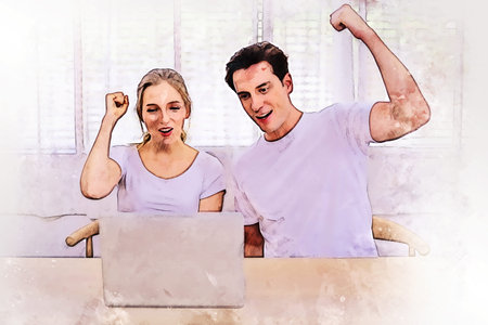Abstract happiness couple young business working success watercolor illustration painting...
