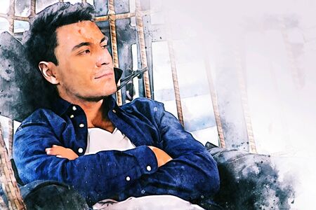 Abstract young business man planning and working at desk on watercolor illustration painting backgroundの写真素材