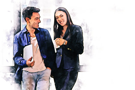 Abstract business partnership talking and discuss on watercolor illustration paintng background.