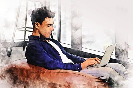 Abstract young business man planning and working at desk on watercolor illustration painting background.の写真素材