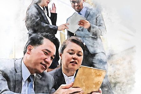 Abstract happiness young business partnership and relaxation for job on watercolor illustration painting background.の写真素材