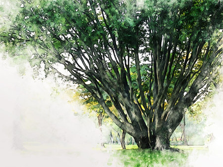 Abstract Colorful tree and landscape tree on watercolor painting background.