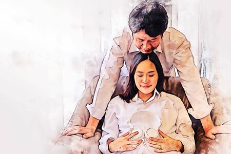 Abstract colorful close-up family pregnant woman with husband and hug on white background on watercolor illustration painting background.の写真素材