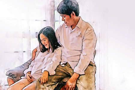 Abstract colorful close-up pregnant woman with husband and hug on white background on watercolor illustration painting background.の写真素材