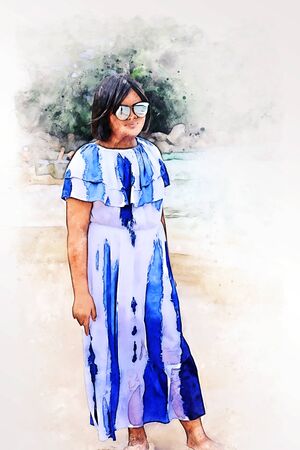 Abstract colorful young woman traveling holiday summer at vacations at Phuket, Thailand on watercolor illustration painting background.の写真素材