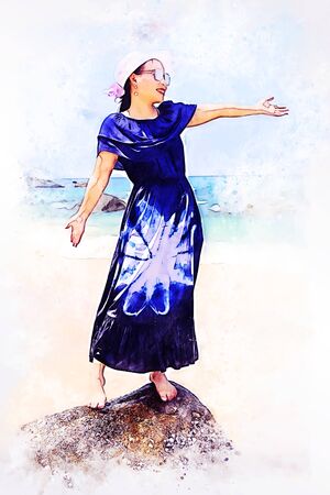 Abstract colorful young woman traveling holiday summer at vacations at Phuket, Thailand on  illustration.の写真素材