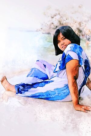 Abstract colorful young woman traveling holiday summer on the beach at Phuket, Thailand on  illustration .の写真素材